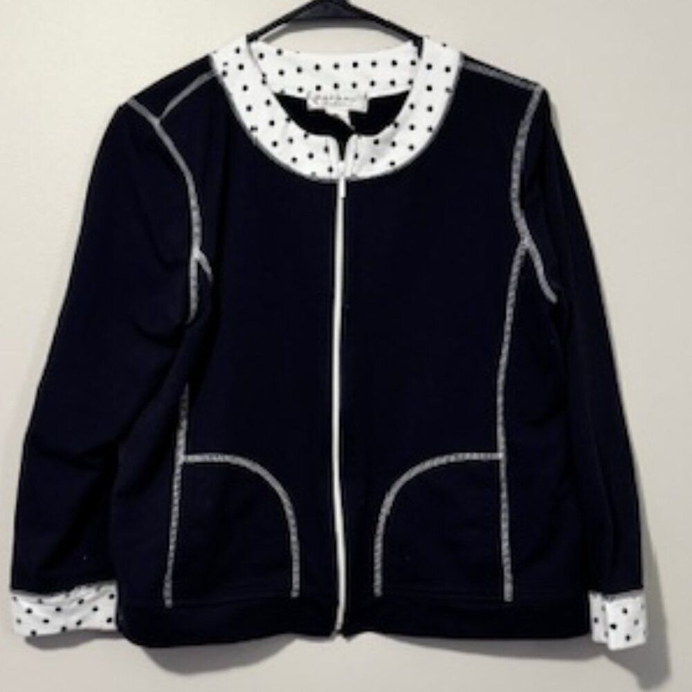 USED Woman's Rafael Sport Long Sleeve Full Zip Up Blouse Color Black/White Sz PL